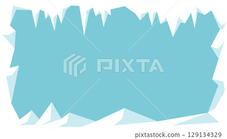 Icy blue frame with frozen cave, icicles and cold textures. Frosted winter border with deep space in center. 129134329