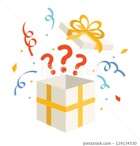 White mystery gift box with yellow bow, open lid, and floating question marks. White mystery gift box with yellow bow, open lid, and floating question marks. 129134330