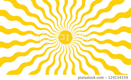 Sunny yellow abstract circle with curved rays in playful retro style. 129134339