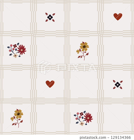Rustic Kitchen Meadow Flowers and hearts checkered net Vector Seamless Pattern. Cottagecore Garden Flowers print 129134366