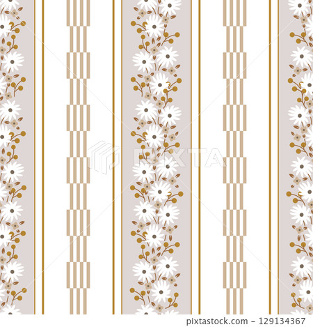 Rustic Romantic Meadow Flowers and Stripes Wallpaper Vector Seamless Pattern. Cottagecore Floral border print Rustic Romantic Meadow Flowers and Stripes Wallpaper Vector Seamless Pattern. Cottagecore Floral border print 129134367