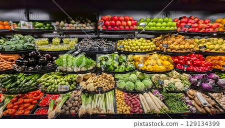 Full display of fresh produce sorted by color and type, display includes peppers, grapes, apples, cabbage and more. Display framed by dark shelving in supermarket Full display of fresh produce sorted by color and type, display includes peppers, grapes, apples, cabbage and more. Display framed by dark shelving in supermarket 129134399