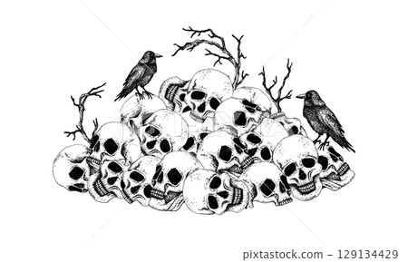 Black crows sit on a pile of skulls with dry branches. Graphics illustration with white background. Hand drawn vector in Gothic style for Halloween, Day of the Dead. For packaging, postcards, decor 129134429