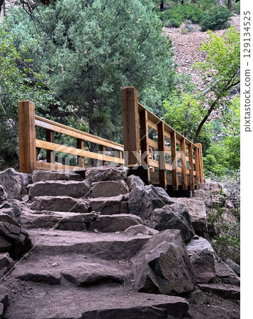 Rustic Wooden Bridge on Forest Hiking Trail 129134525