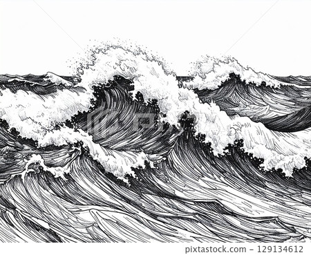 A stormy sea depicted without color, using only thick black lines and rough hatching. 129134612