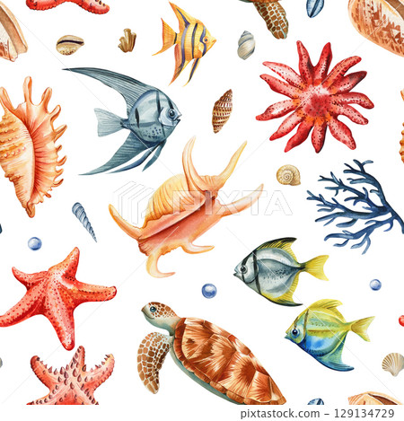 Colorful watercolor seamless pattern with tropical fish sea turtle coral shells and ocean elements on white background Colorful watercolor seamless pattern with tropical fish sea turtle coral shells and ocean elements on white background 129134729