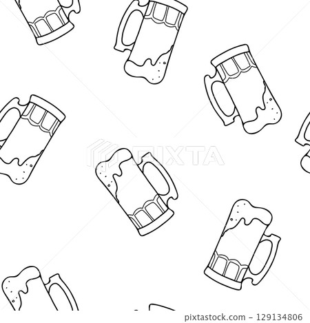 Beer Seamless pattern. Full beer mugs with a foam. Hand drawn Black and White graphic Vector illustration in Doodle style isolated on background. For St. Patricks Day and Traditional German 129134806