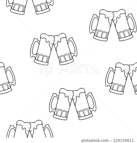 Beer Seamless pattern. Toasting full beer mugs with a foam. Hand drawn Black and White graphic Vector illustration in Doodle style isolated on background. For St. Patricks Day and Traditional German 129134811