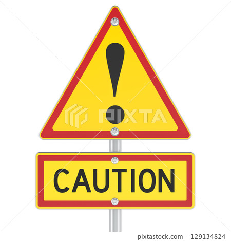 Caution, warning road sign. 3D rendering Caution, warning road sign. 3D rendering 129134824