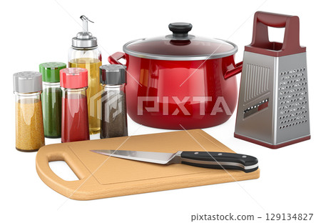 Cooking utensils set with pot, grater, spices and cutting board. 3D rendering Cooking utensils set with pot, grater, spices and cutting board. 3D rendering 129134827