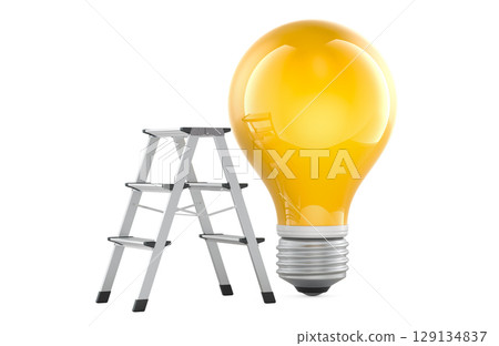 Path to ideas, growth mindset, creative progress and innovative thinking, concept. Step ladder and yellow light bulb. 3D rendering Path to ideas, growth mindset, creative progress and innovative thinking, concept. Step ladder and yellow light bulb. 3D rendering 129134837