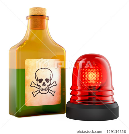 Poison bottle with red warning siren. 3D rendering Poison bottle with red warning siren. 3D rendering 129134838