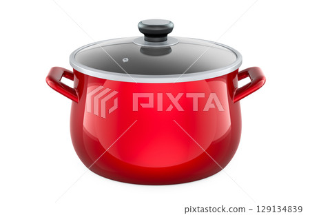 Red cooking pot with glass lid. 3D rendering Red cooking pot with glass lid. 3D rendering 129134839