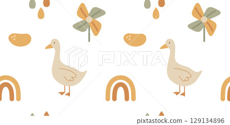 Seamless boho pattern with ducks rainbows and florals in soft beige tones 129134896