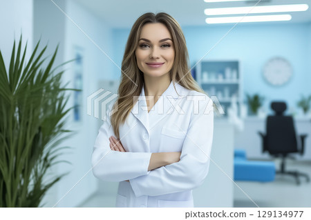 A bright cosmetology office with a smiling cosmetologist in a white robe, showcasing a professional demeanor A bright cosmetology office with a smiling cosmetologist in a white robe, showcasing a professional demeanor 129134977