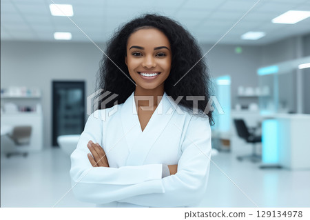 A bright cosmetology office with a smiling cosmetologist in a white robe, showcasing a professional demeanor 129134978