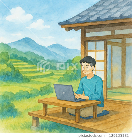 一名男子在大自然中遠距辦公的插圖 129135381