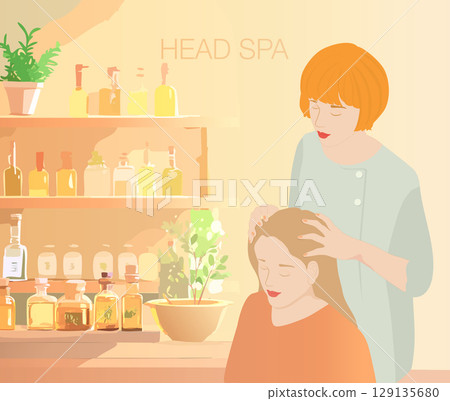 一位女士和一位治療師在充滿芳香療法宜人香氣的放鬆空間中接受頭部按摩。 一位女士和一位治療師在充滿芳香療法宜人香氣的放鬆空間中接受頭部按摩。 129135680