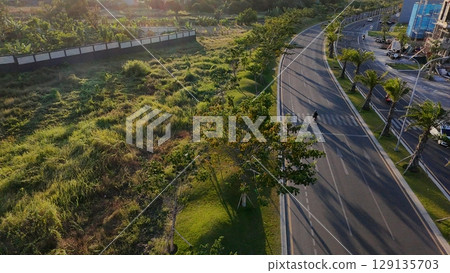 An aerial shot of a multi-lane road lined with palm trees and a mix of completed and under-construction buildings, with lush green fields on the left. The sun casts long shadows, suggesting late after 129135703