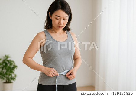 A woman on a diet measures her waist A woman on a diet measures her waist 129135820
