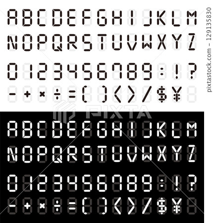 Digital letters and numbers. Alphabet on LCD monitor. Clock letters. Digital font on black background. Digital letters and numbers. Alphabet on LCD monitor. Clock letters. Digital font on black background. 129135830
