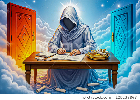 Reception room of the heavenly office.  A faceless, hooded figure sits at a wooden table, filling out scrolls. Religious themes in the Supreme Court's decision-making. 129135868