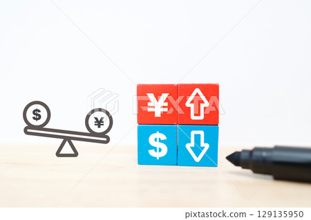 Business image showing exchange rate fluctuations of the strong yen and weak dollar Business image showing exchange rate fluctuations of the strong yen and weak dollar 129135950