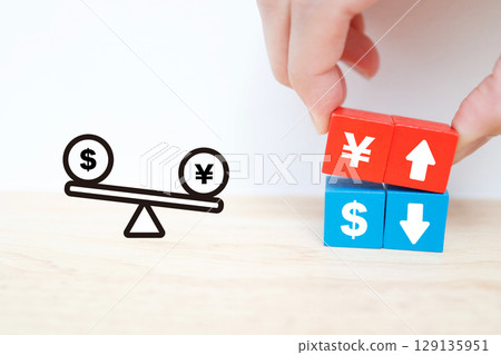 Business image showing exchange rate fluctuations of the strong yen and weak dollar 129135951