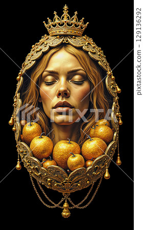 An artistically designed gold sculpture of a female head.  A still life of assorted objects and a female head, wearing a crown. 129136292