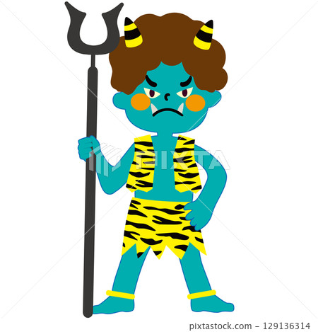 Vector illustration of a blue demon standing with its legs apart and glaring 129136314