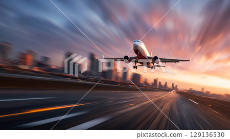 一架客機低空飛過城市跑道 129136530