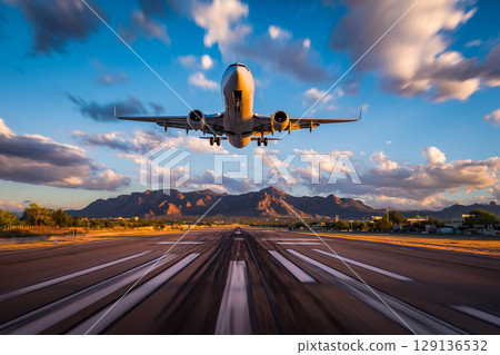 一架客機低空飛過城市跑道 129136532