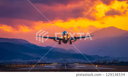 A passenger plane flies low over a city runway 129136534