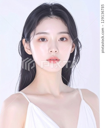 A close-up of a Japanese woman's natural expression, striking for her translucent, fair skin. 129136785