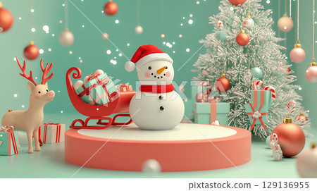 A fantasy Christmas stage decorated with snowmen and reindeer 129136955