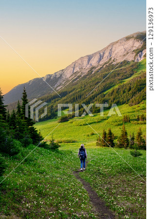 Female hiker is walking on a mountain meadow trail in summertime. 129136973