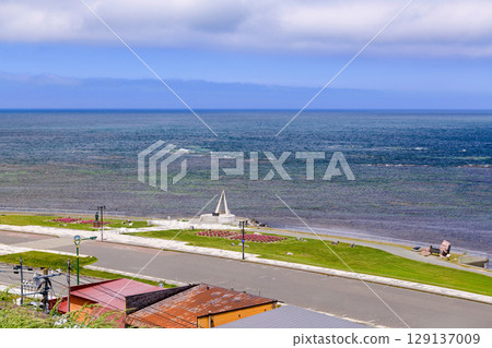 Coastal scenery of Cape Soya and Port Soya under the clear blue sky in June 129137009