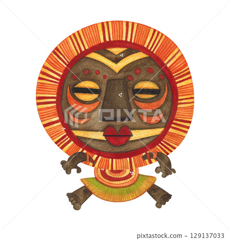 Jumping african aborigine in brown round mask with orange fringe. Watercolor illustration, hand drawn, cartoon. Drawing for poster, stickers, print. Africa, mask, funny, character Jumping african aborigine in brown round mask with orange fringe. Watercolor illustration, hand drawn, cartoon. Drawing for poster, stickers, print. Africa, mask, funny, character 129137033