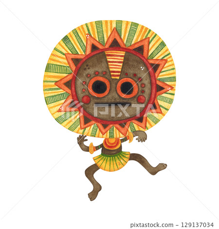 Dancing African aborigine in a round colorful mask and a straw skirt. Watercolor illustration hand drawn, cartoon. Drawing for poster, stickers, print. Africa, mask, funny, character Dancing African aborigine in a round colorful mask and a straw skirt. Watercolor illustration hand drawn, cartoon. Drawing for poster, stickers, print. Africa, mask, funny, character 129137034