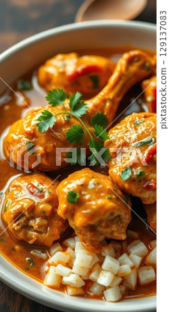 Delicious chicken drumsticks in rich sauce served with fresh herbs on a rustic wooden table 129137083