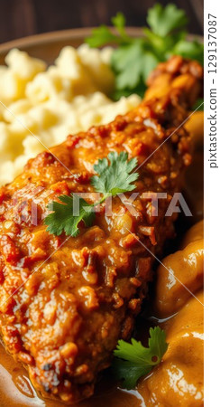 Crispy chicken leg served with savory sauce and sides in a cozy dining setting 129137087