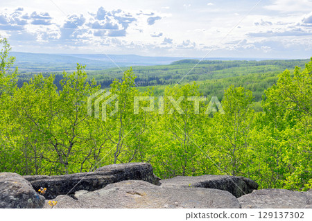 Valley view from the top of rock formation in the forested area. 129137302