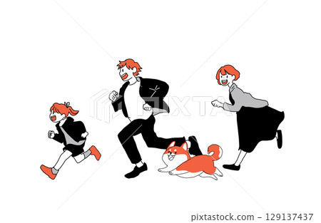 一家人與柴犬一起奔跑的插圖（父親、母親、女兒、狗） 129137437