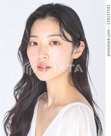 這是一幅日本女性的肖像畫，輪廓鮮明，皮膚白皙，在柔和的燈光下閃閃發光。 129137581