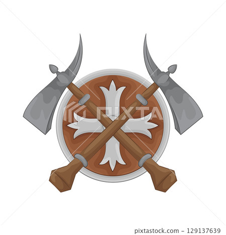 Illustration of Round shield with crossed axe Illustration of Round shield with crossed axe 129137639