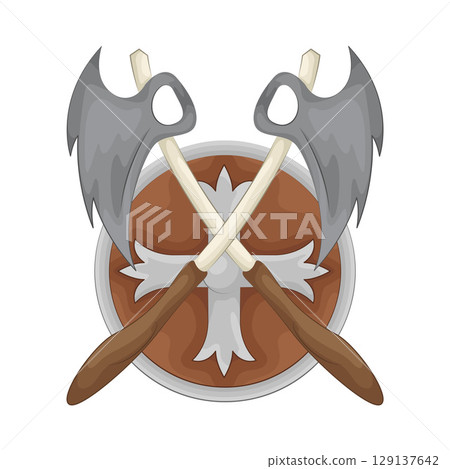 Illustration of Round shield with crossed axe  129137642