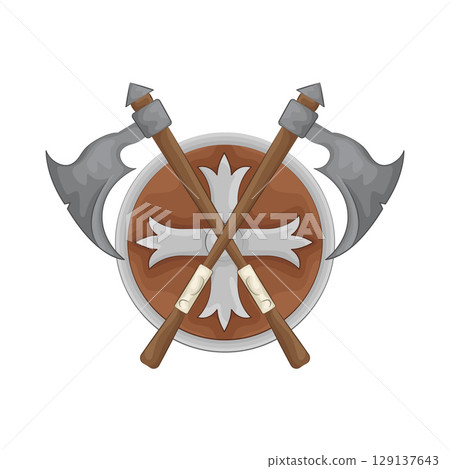 Illustration of Round shield with crossed axe  129137643