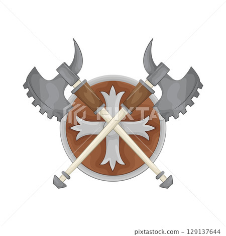 Illustration of Round shield with crossed axe  129137644