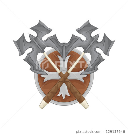 Illustration of Round shield with crossed axe Illustration of Round shield with crossed axe 129137646