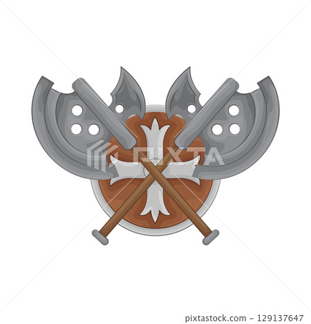 Illustration of Round shield with crossed axe Illustration of Round shield with crossed axe 129137647